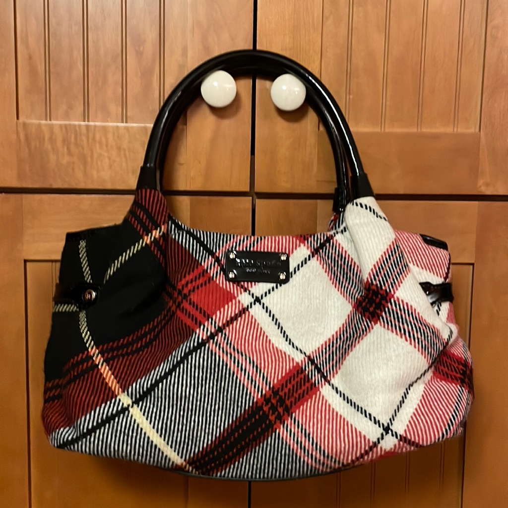 Kate Spade Plaid Satchel With Black Patent Leather Trim.